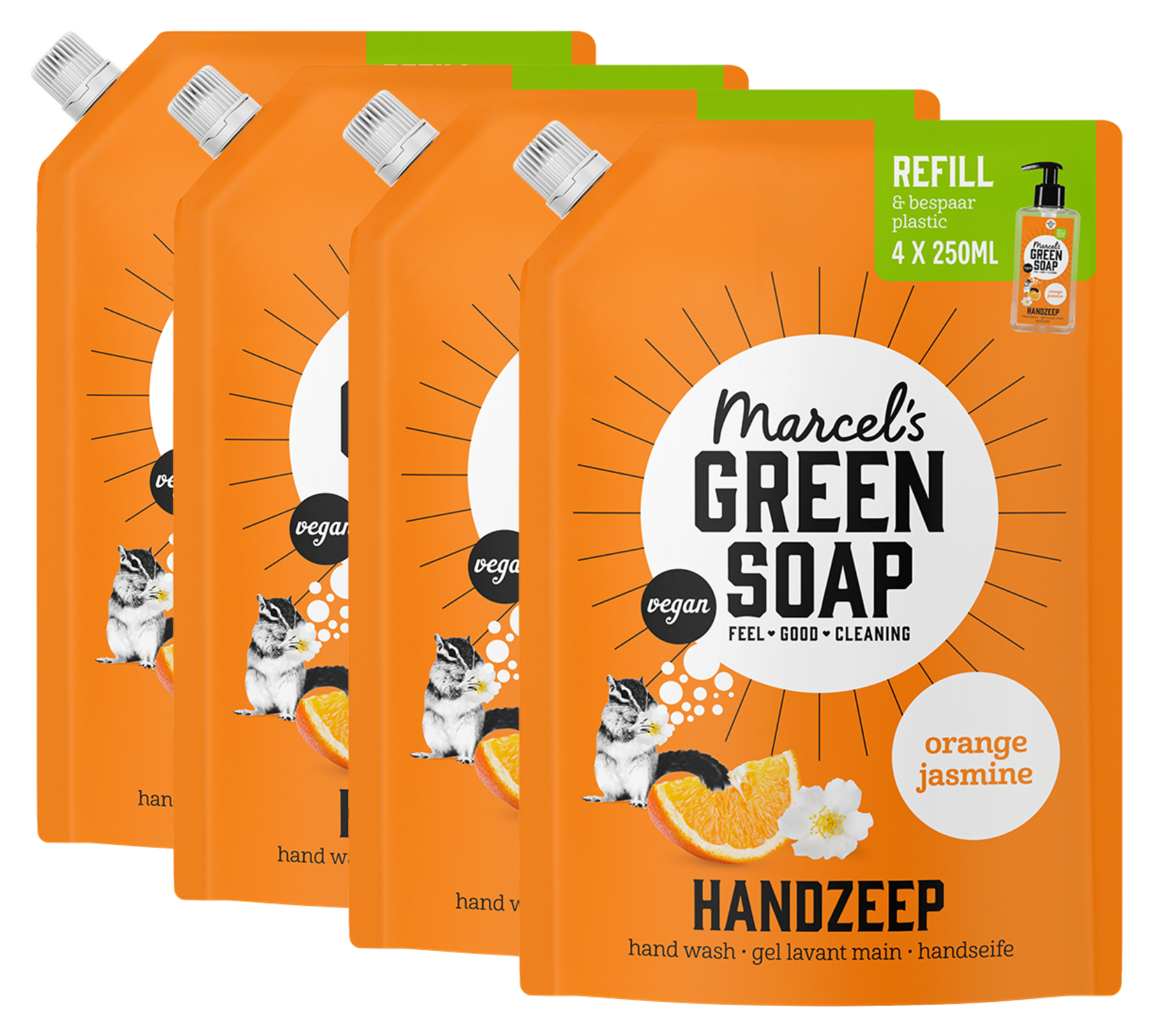 4x Marcel’s Green Soap Handzeep Navulverpakking Orange Jasmine, 1 L